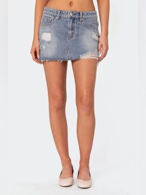 Edikted Ginnie Low Rise Distressed Denim Mini Skirt